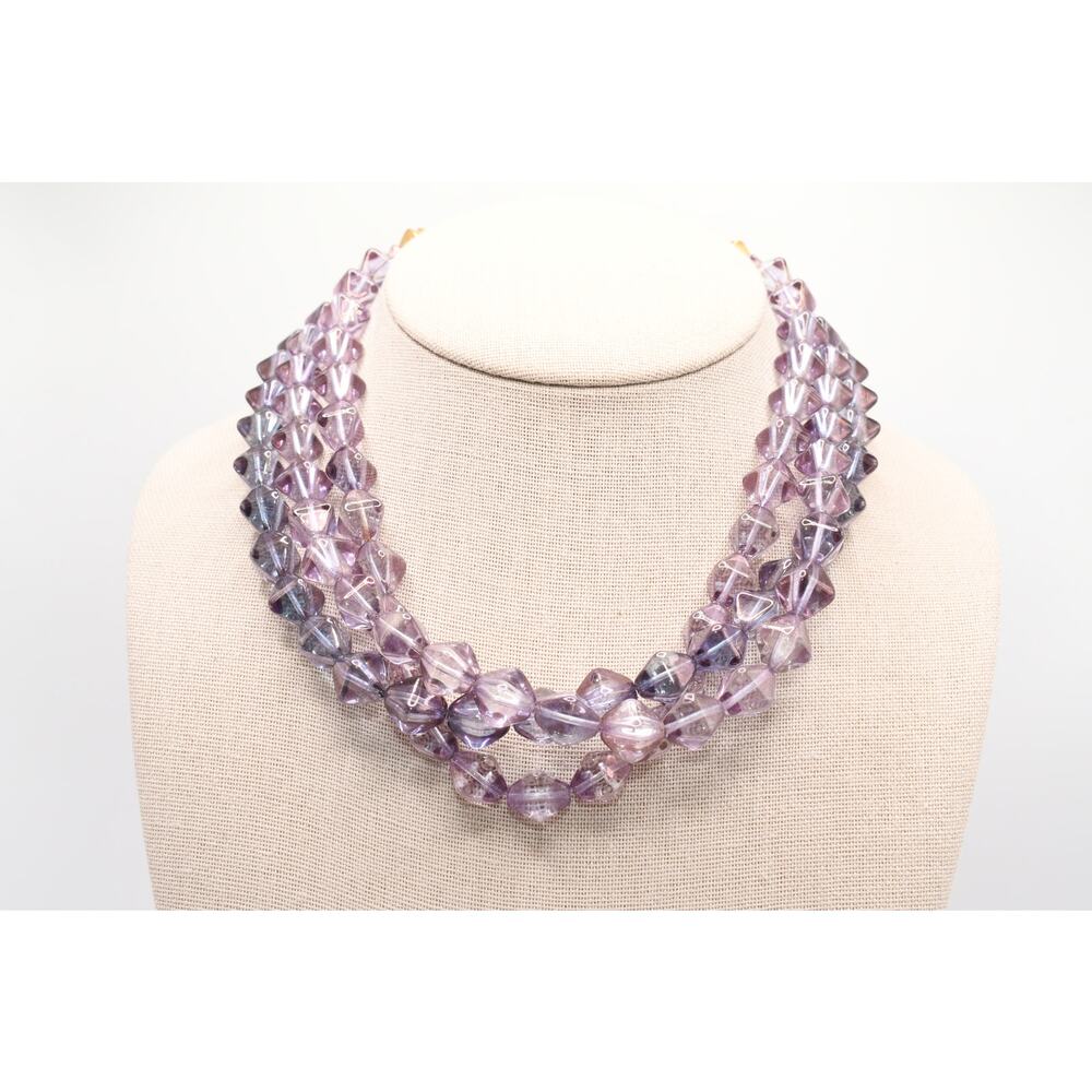Vintage Lavender Glass Bead Necklace 3 Strand Purple Blue 17"